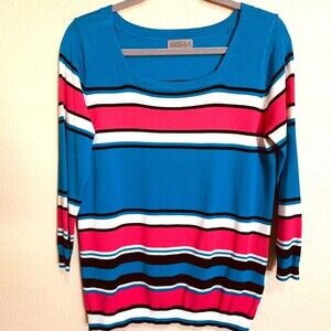 Joseph A Blue sweater  turquoise Pink stripes 3/4 sleeve sweater size S